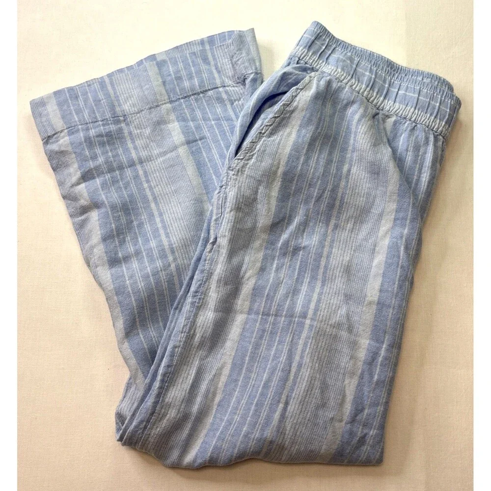 Tahari Women's Large Blue Linen Rayon Elastic Waist Casual Pants with Pockets
